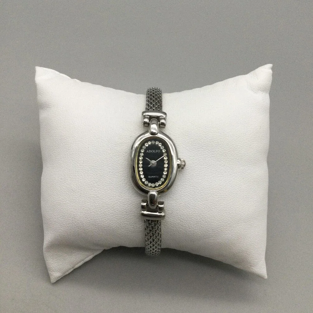 Adolfo Womens Watch 16mm Black Dial Silver Tone Crystals New Battery 7.5